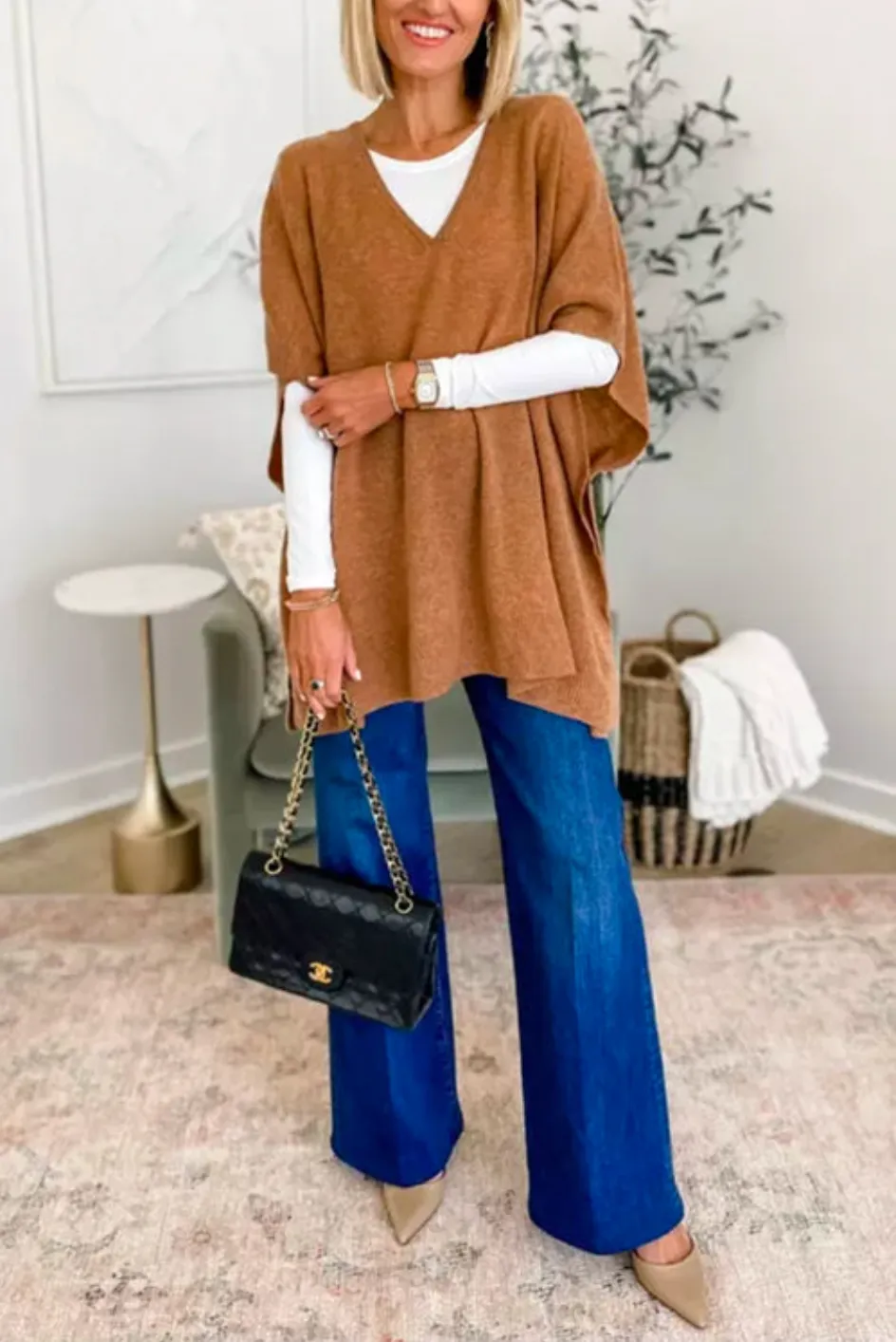 10 Colors V Neck Loose Fit Solid Poncho Sweater