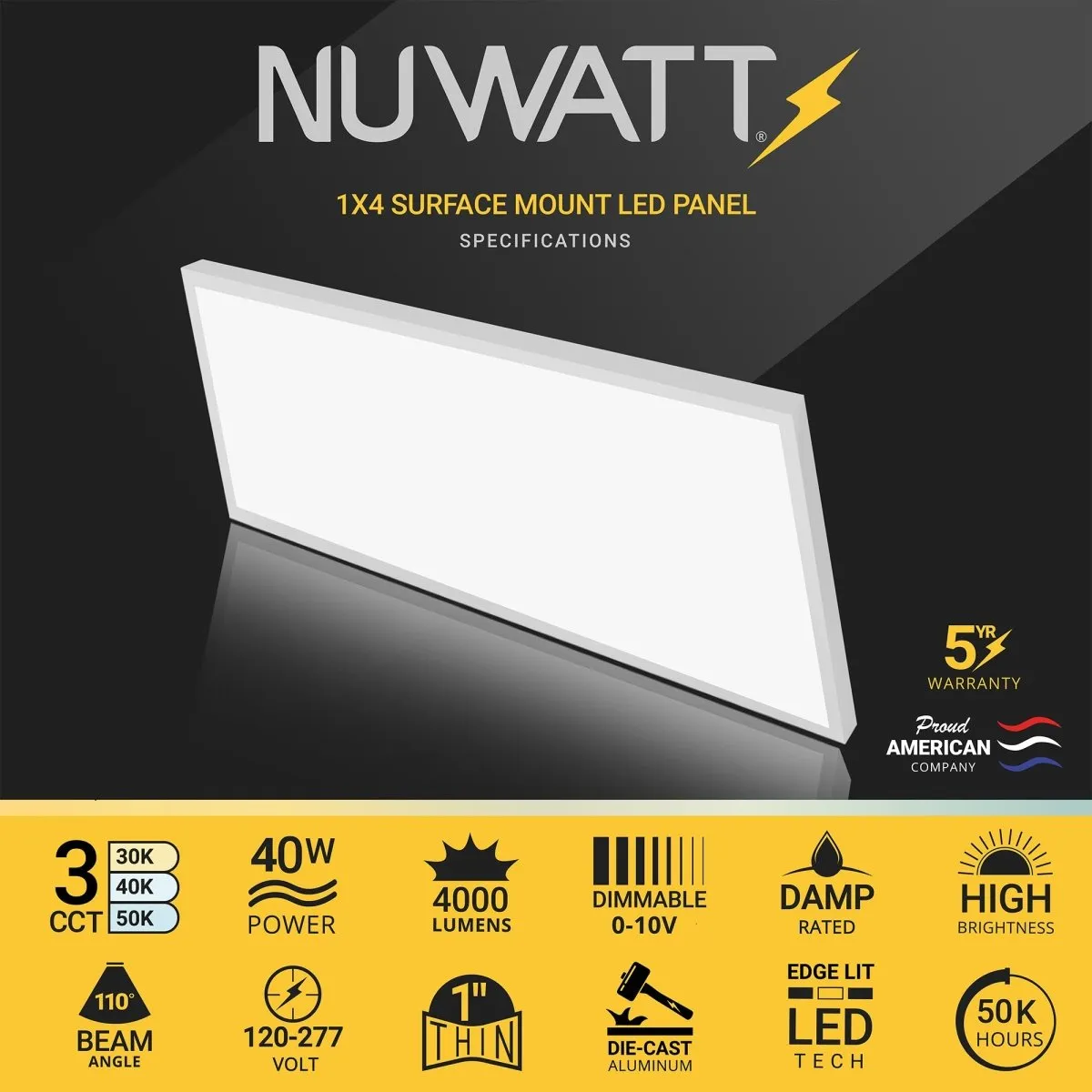 1x4 LED Flat Panel Light Surface Mount - 0-10V Dimmable - 3CCT 3000K-5000K - 4000LM