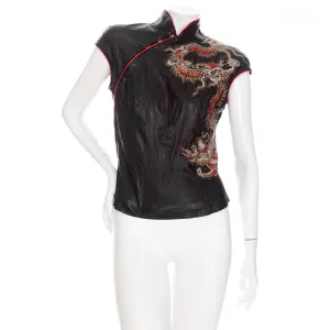 2003 Black Leather Dragon-Motif Cheongsam Top