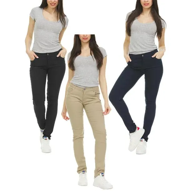 3-Pack Women's Super Stretchy Skinny 5-Pocket Uniform Soft Chino Pants