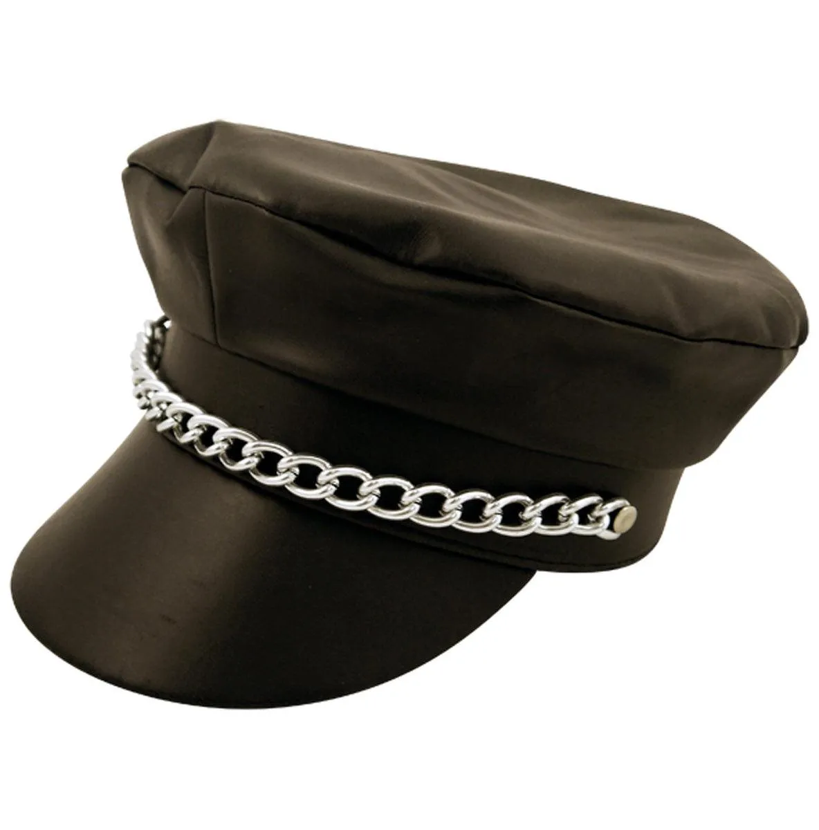 Adults Black Punk Leather Cap Line Look Biker Cap with Chain Fancy Dress Party Hat