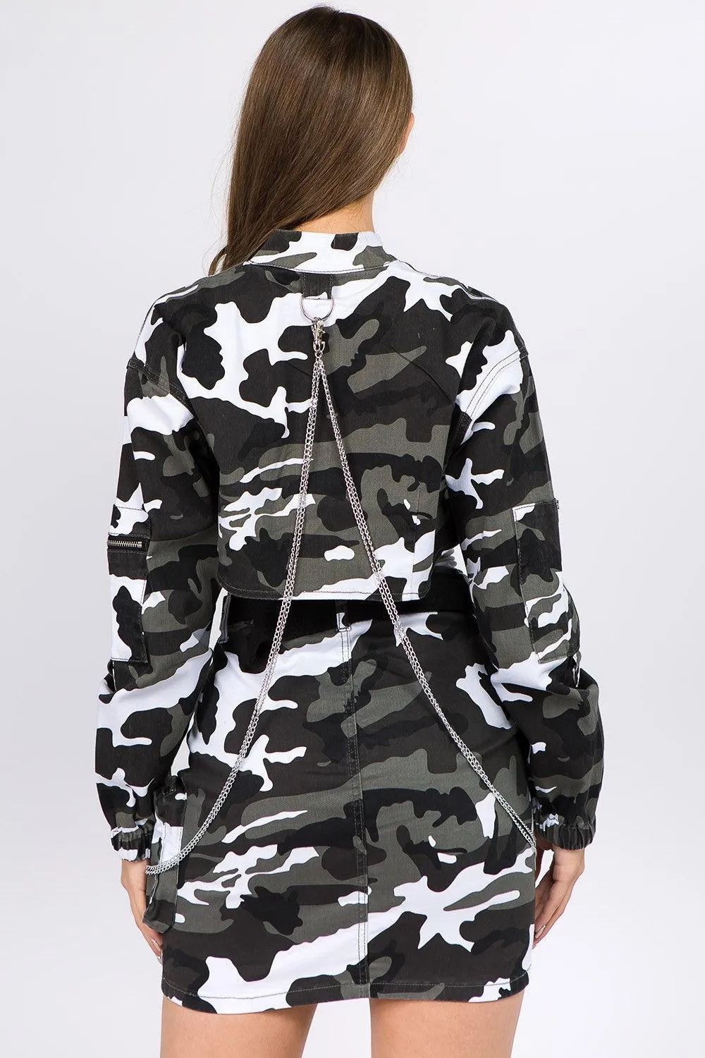 American Bazi Camouflage Cropped Jacket with Chains Long Sleeve