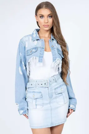 American Bazi Distressed Denim Jacket with Frayed Hem