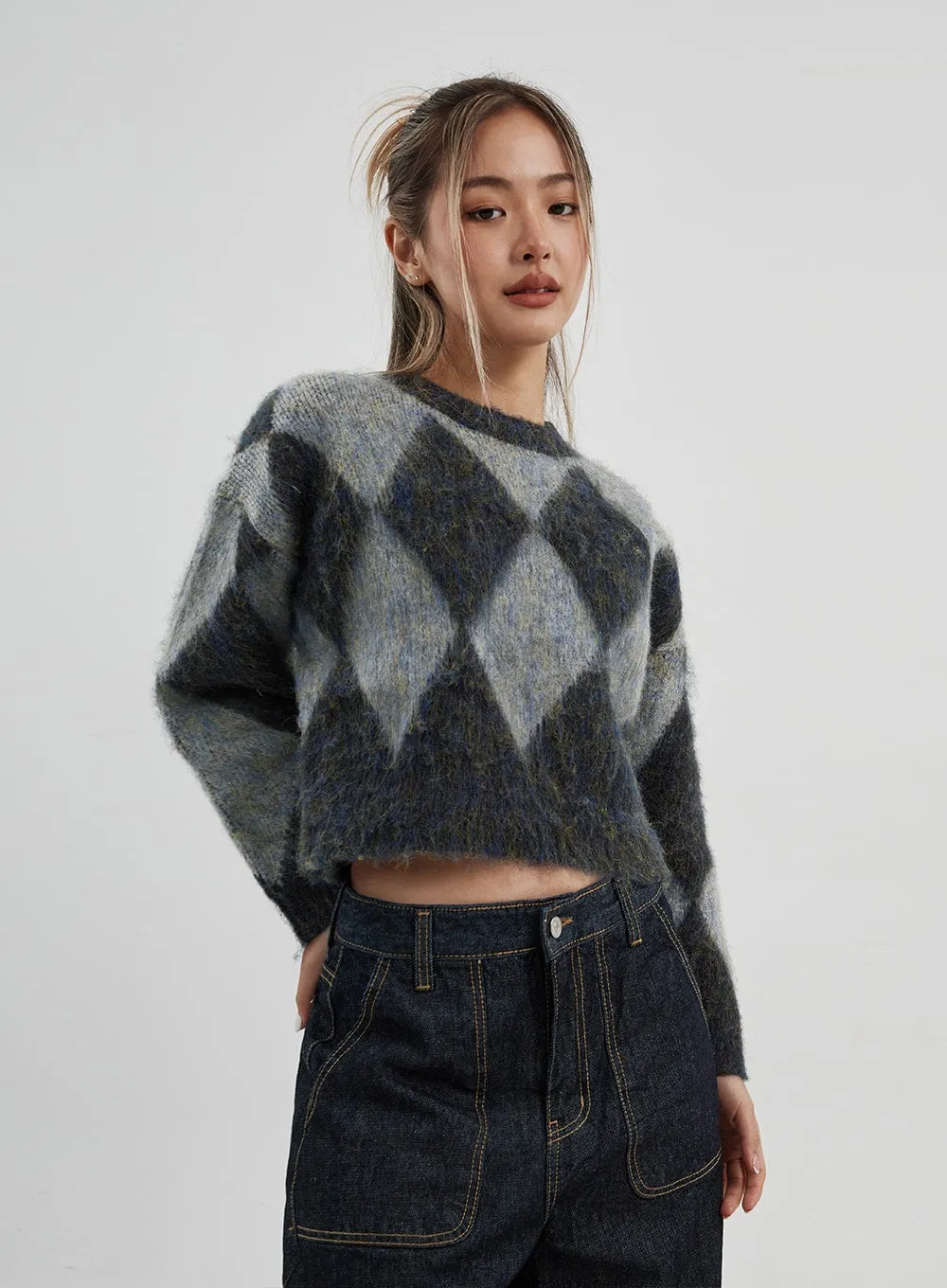 Argyle Pattern Cropped Sweater CJ313