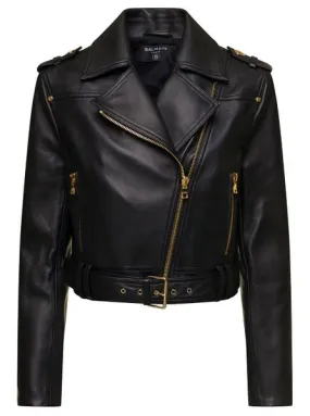 BALMAIN Minimalistic Cropped Leather Biker Jacket for Women