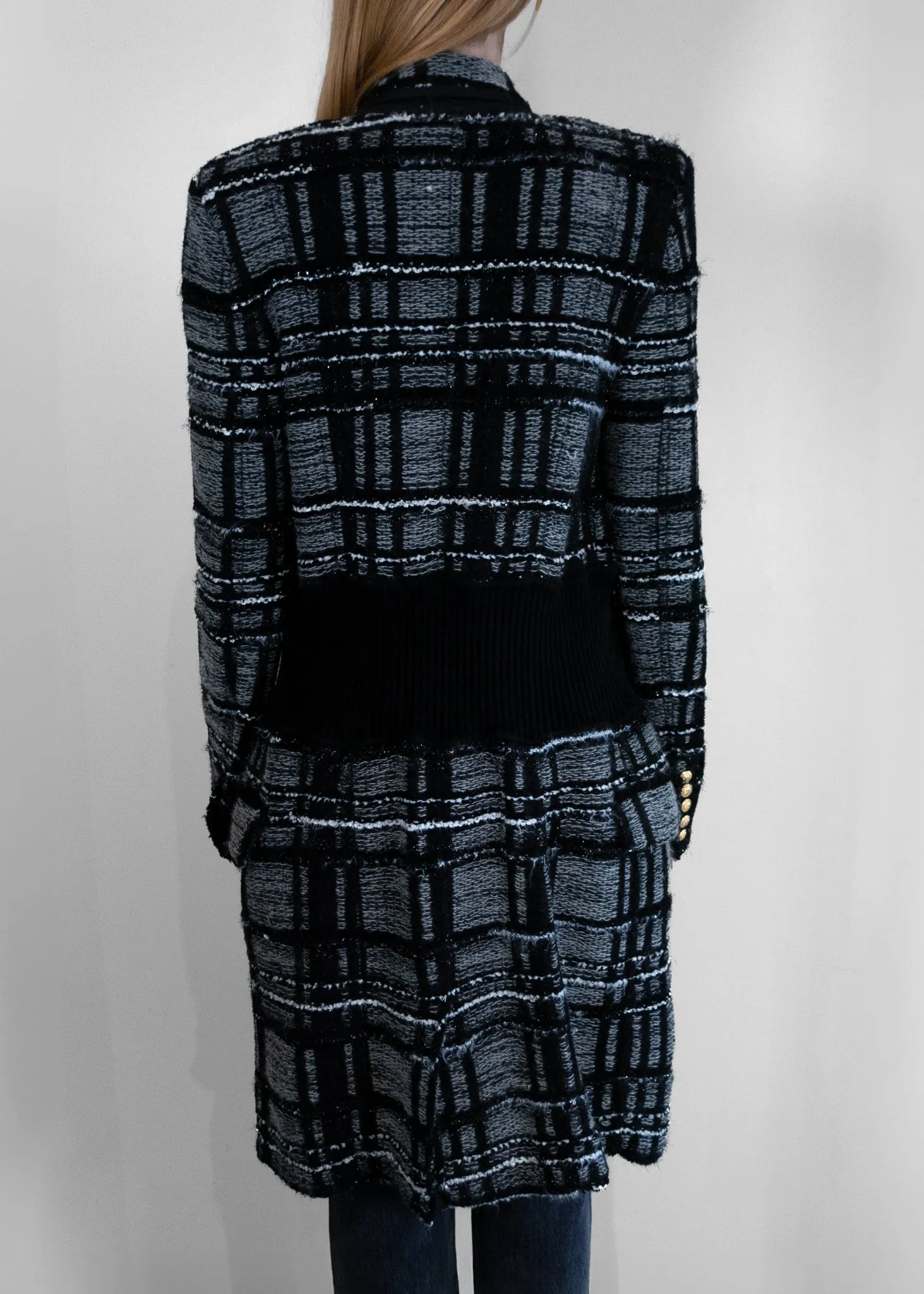 Balmain Striped Double Breasted Tweed Coat in Grey Wool