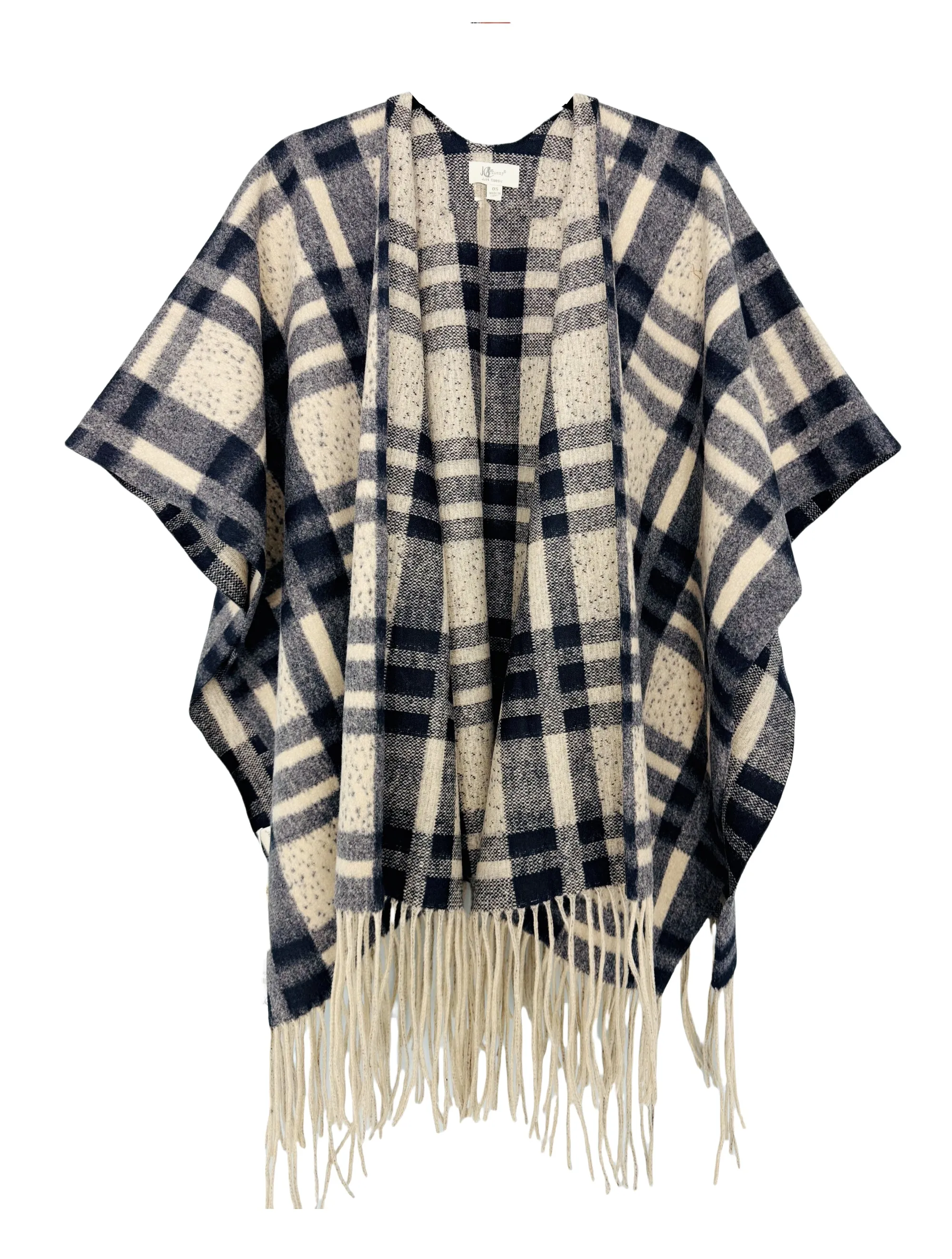 Beige-Black Thick Blanket-Style Plaid Open Front Poncho