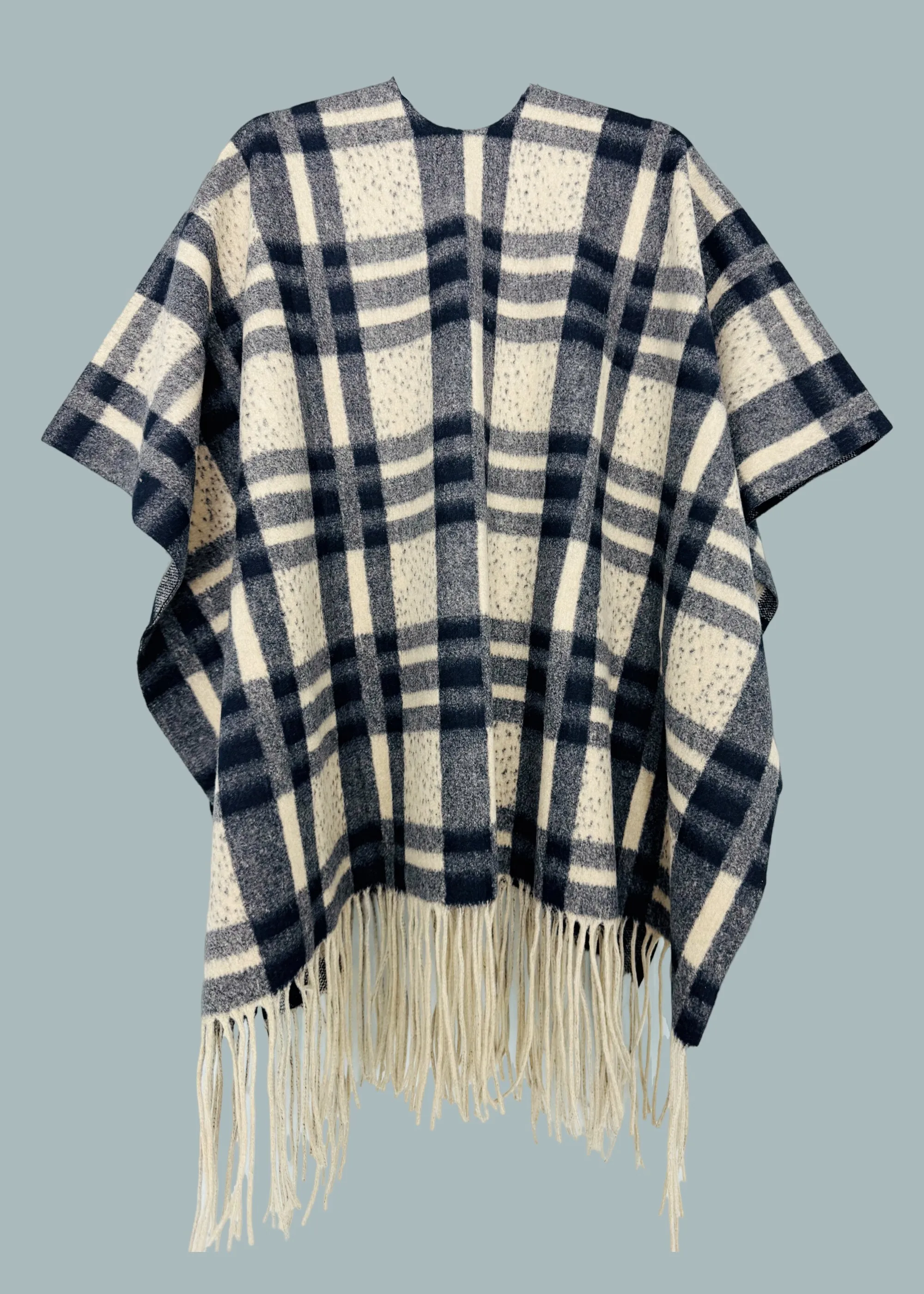 Beige-Black Thick Blanket-Style Plaid Open Front Poncho