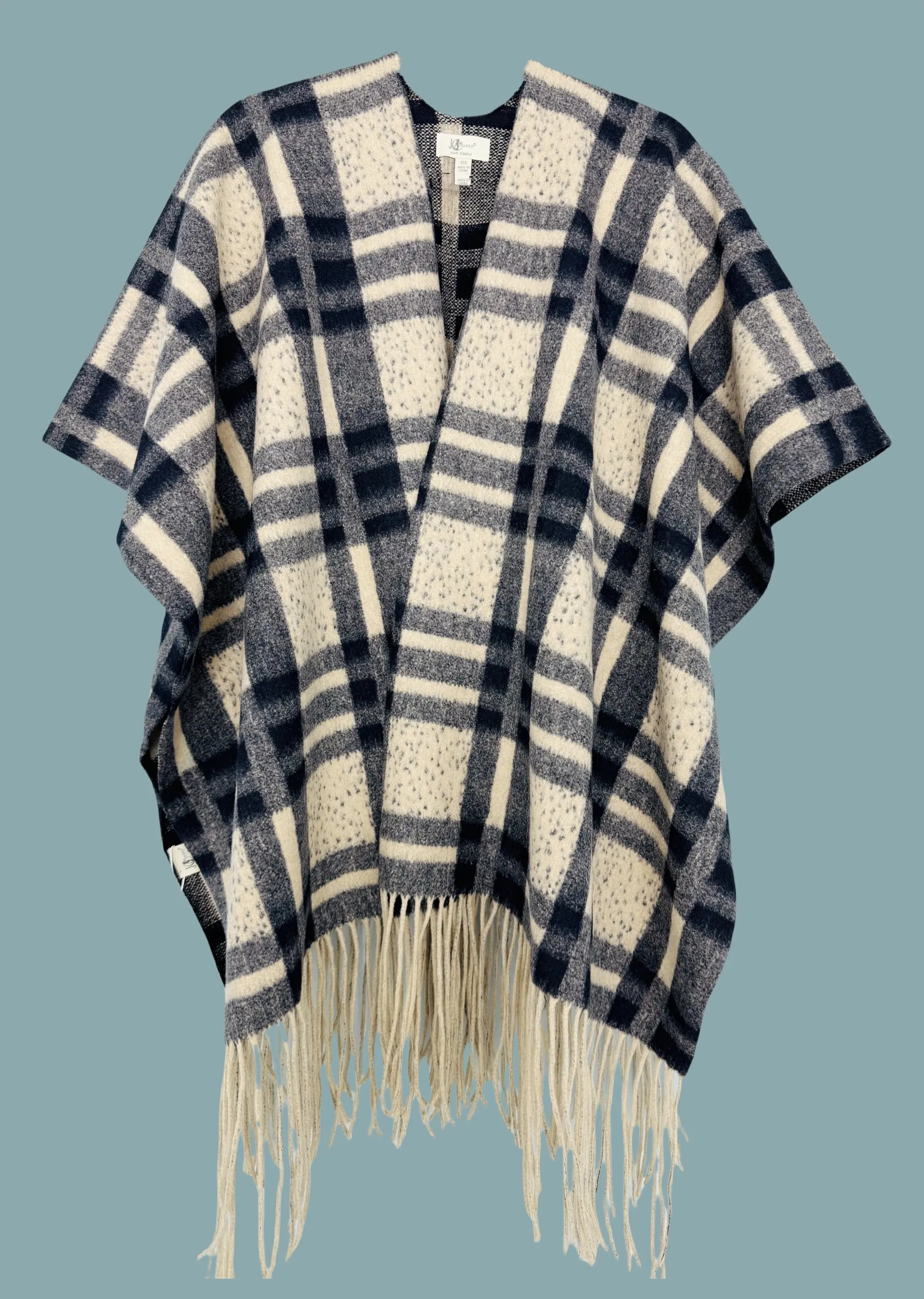 Beige-Black Thick Blanket-Style Plaid Open Front Poncho