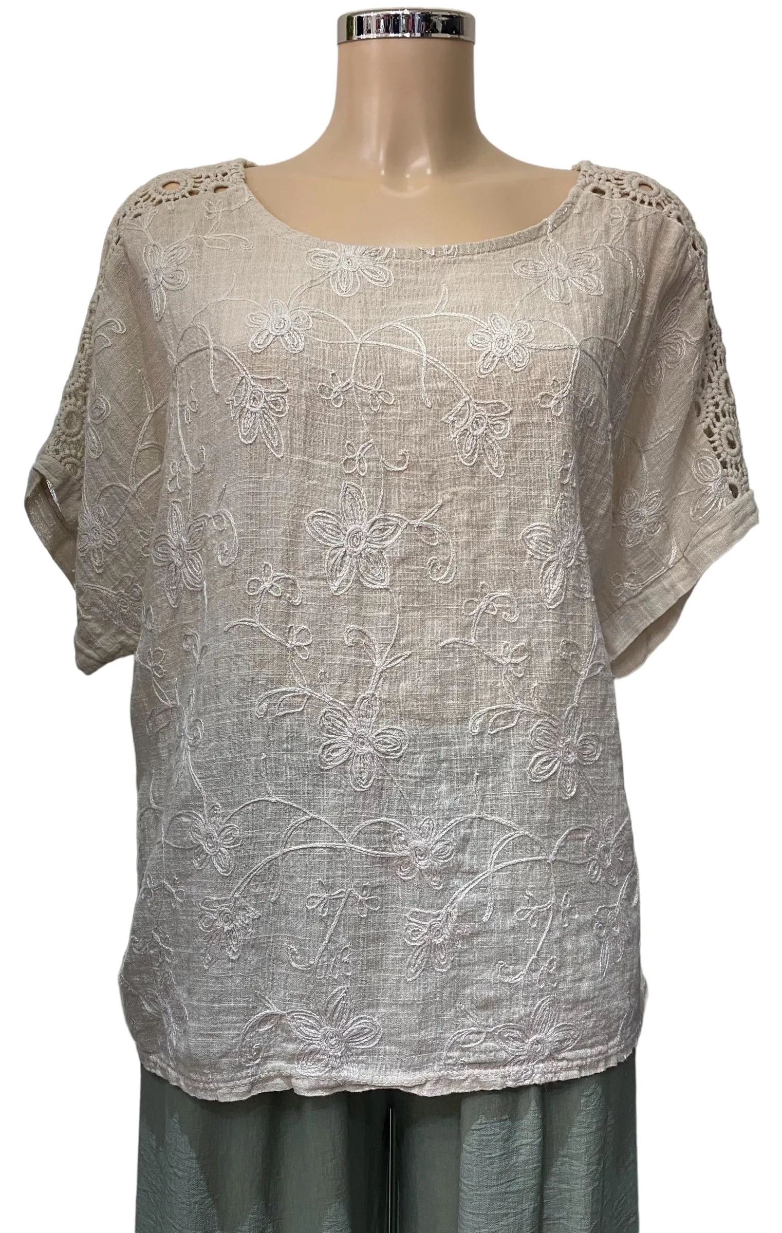 Beige Embroidered Plain Round Neck Cotton Crochet Sleeve Top