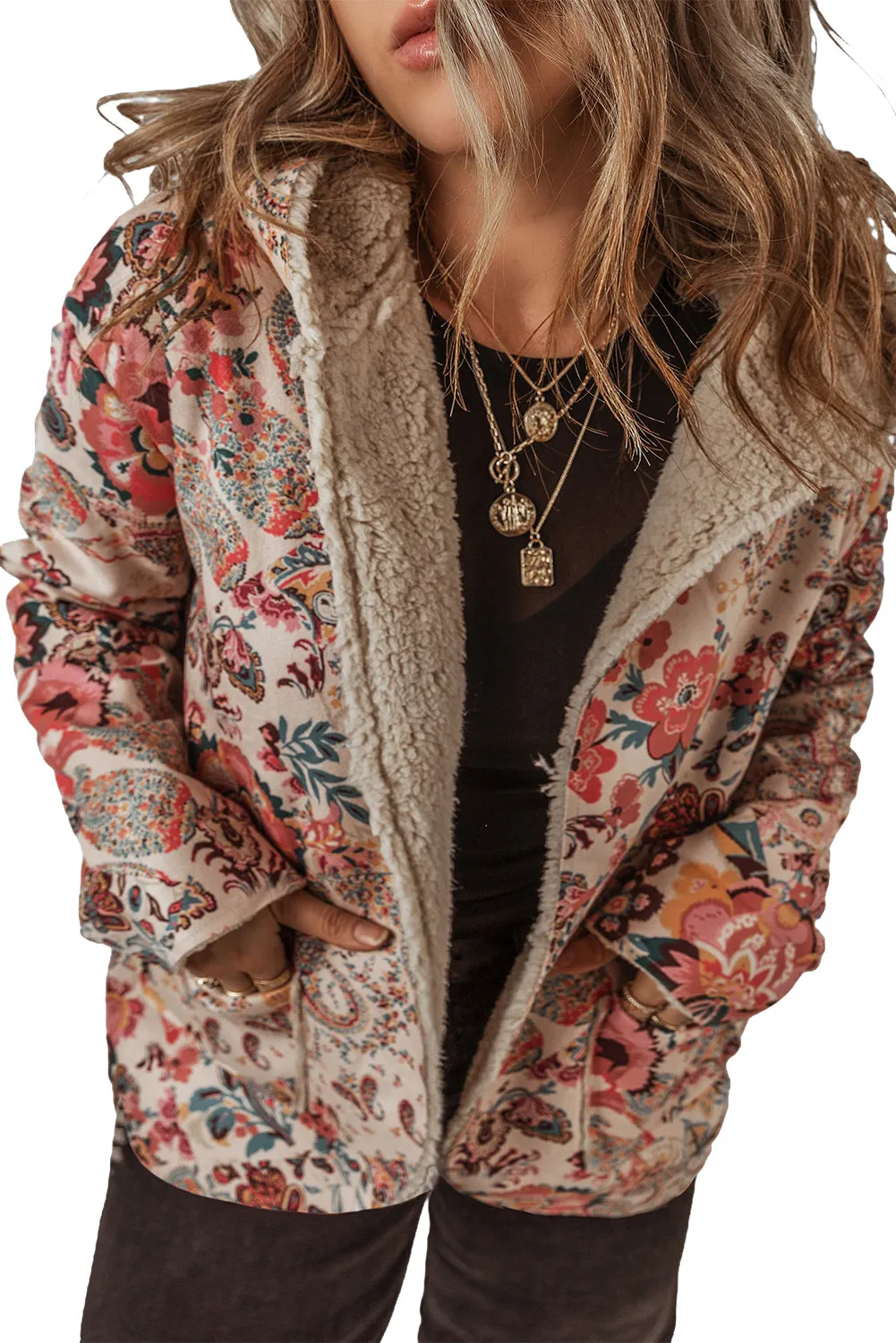 Beige Vintage Paisley Floral Printed Sherpa Lined Hooded Jacket