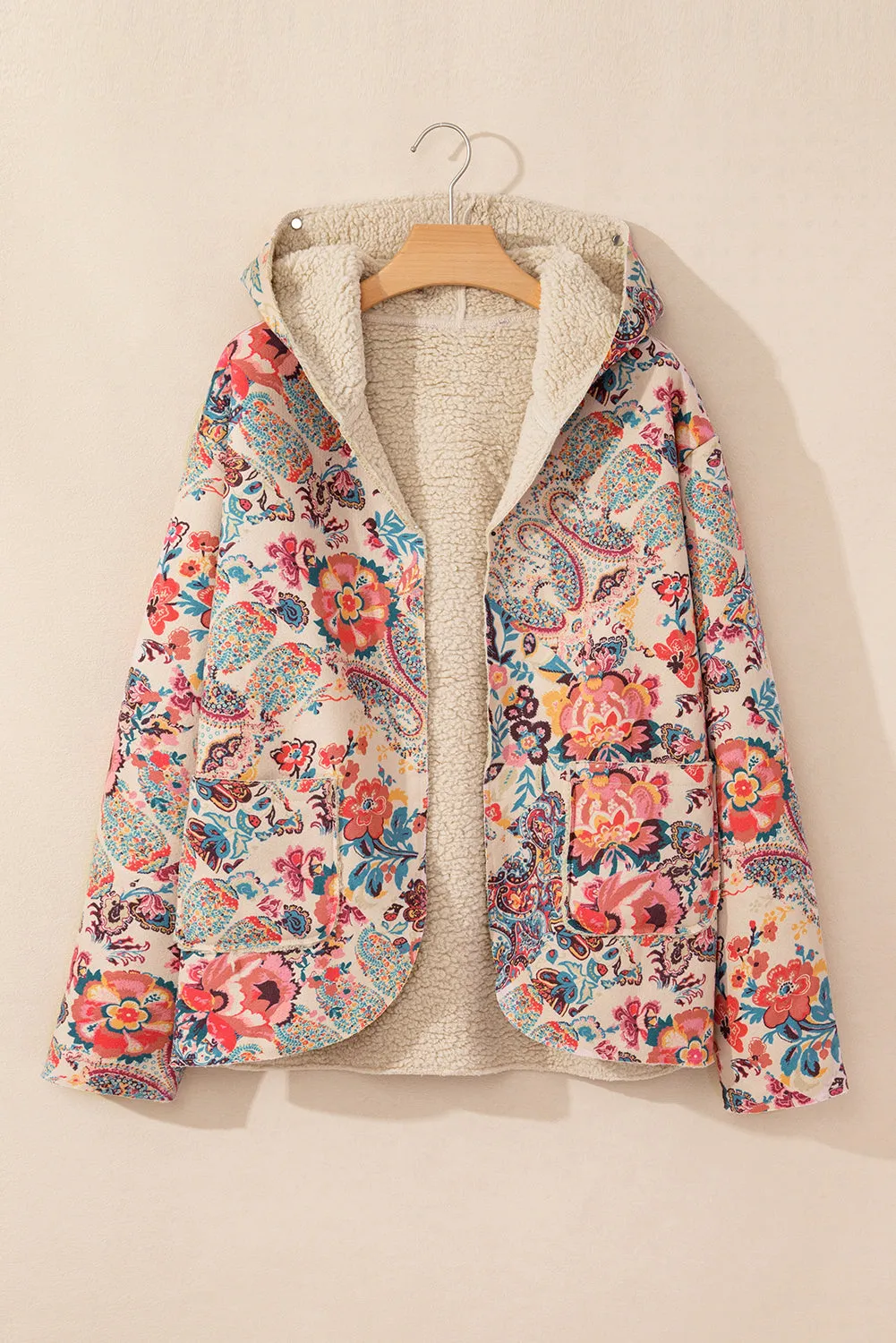 Beige Vintage Paisley Floral Printed Sherpa Lined Hooded Jacket