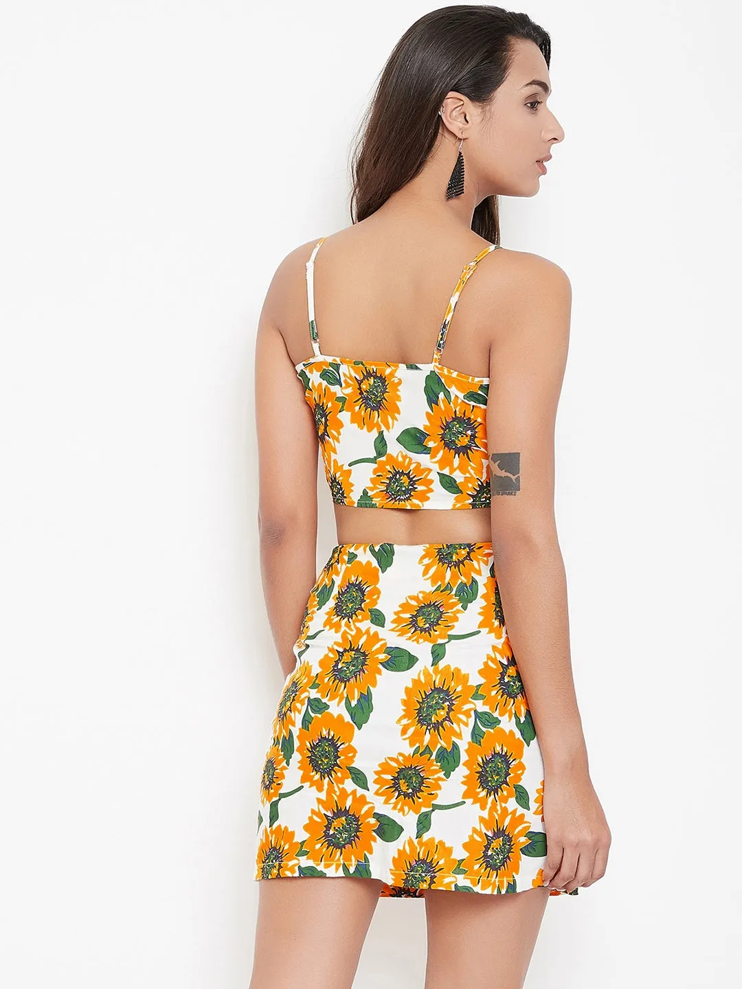 Berrylush Women White & Yellow Sunflower Printed Sweetheart Neck Co-Ordinated Sheath Mini Dress