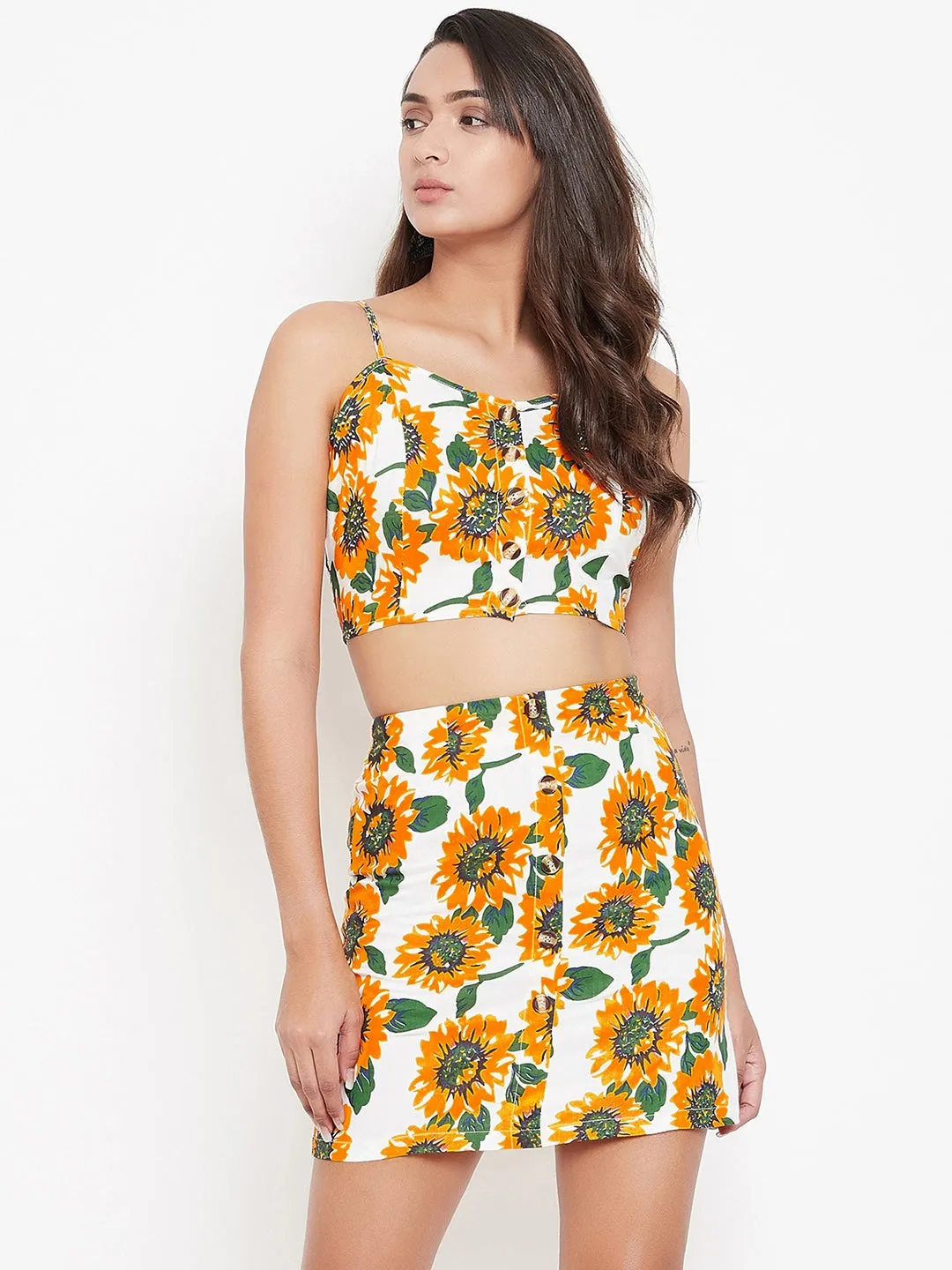 Berrylush Women White & Yellow Sunflower Printed Sweetheart Neck Co-Ordinated Sheath Mini Dress