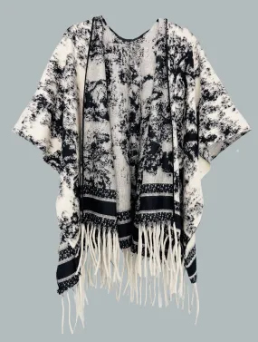 Black-Beige Thick Blanket-Style Abstract Open Front Poncho