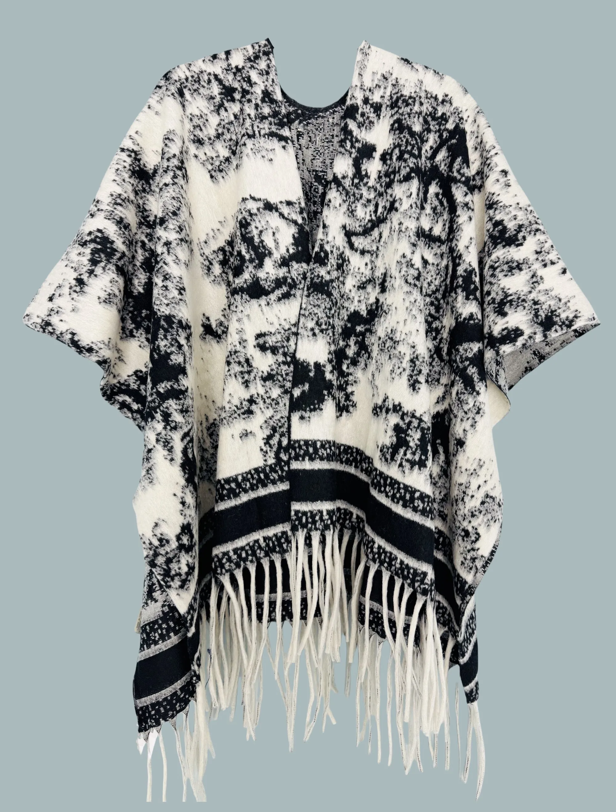 Black-Beige Thick Blanket-Style Abstract Open Front Poncho