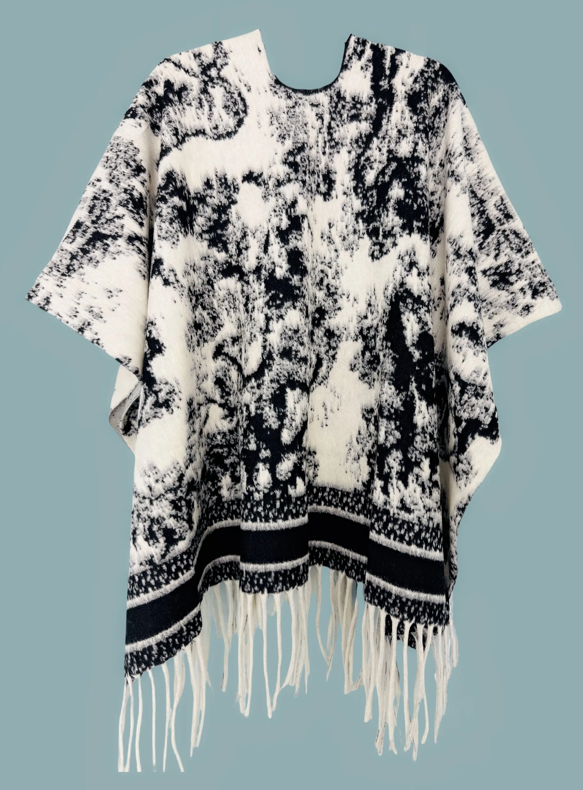 Black-Beige Thick Blanket-Style Abstract Open Front Poncho