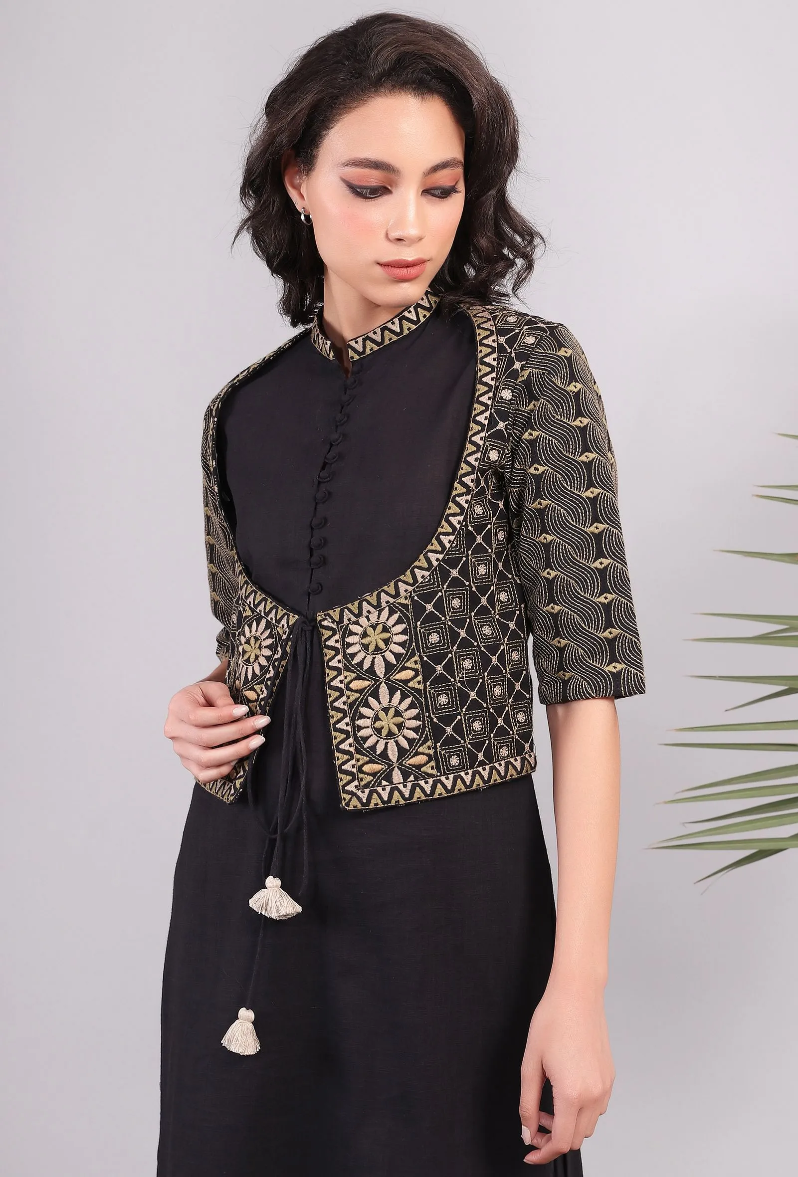 Black Front Tie Kantha Jacket