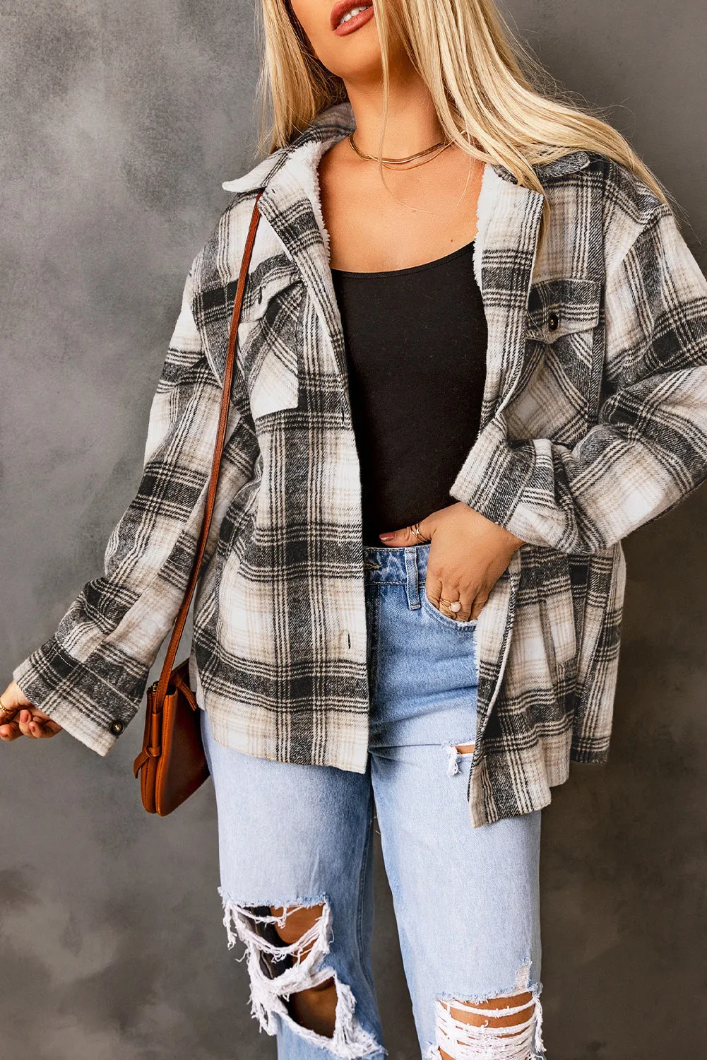 Black Vintage Plaid Fleece Lining Jacket