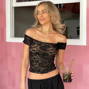 Black Y2K Sexy Lace Up Off Shoulder Trending Summer Crop White Top