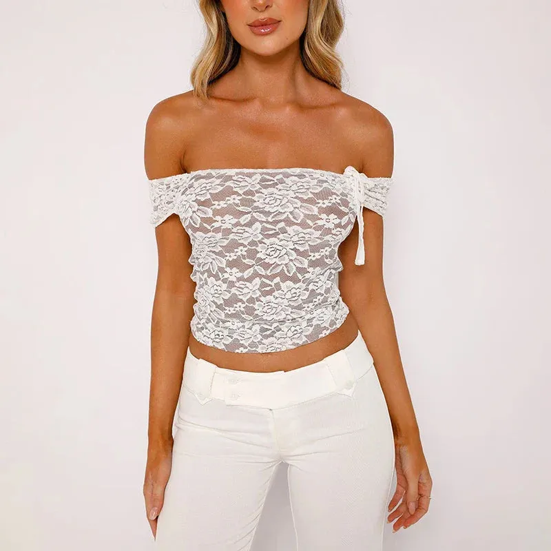 Black Y2K Sexy Lace Up Off Shoulder Trending Summer Crop White Top