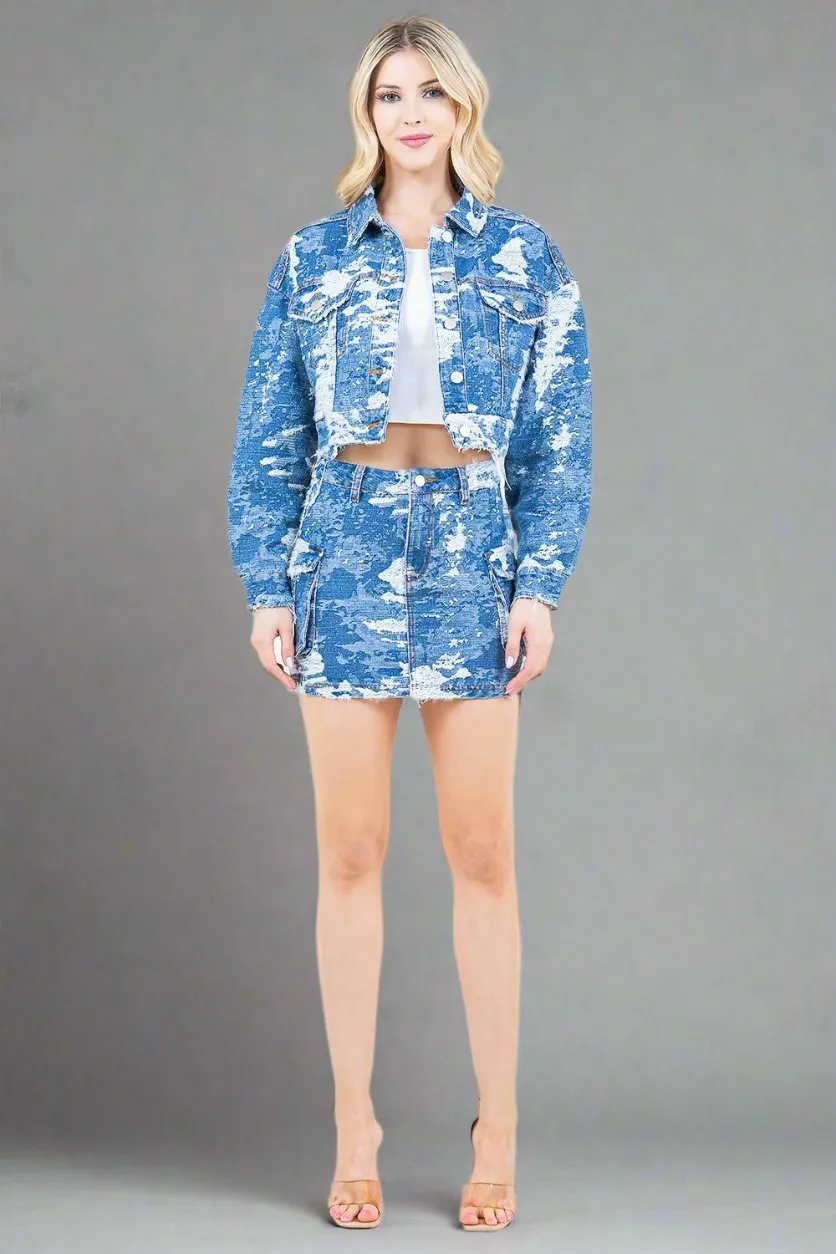 Blue Combo Camo Cropped Denim Jacket