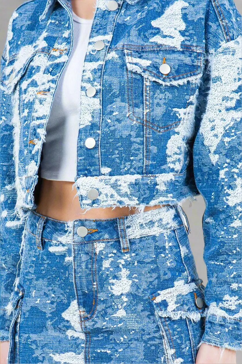 Blue Combo Camo Cropped Denim Jacket