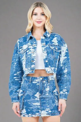 Blue Combo Camo Cropped Denim Jacket