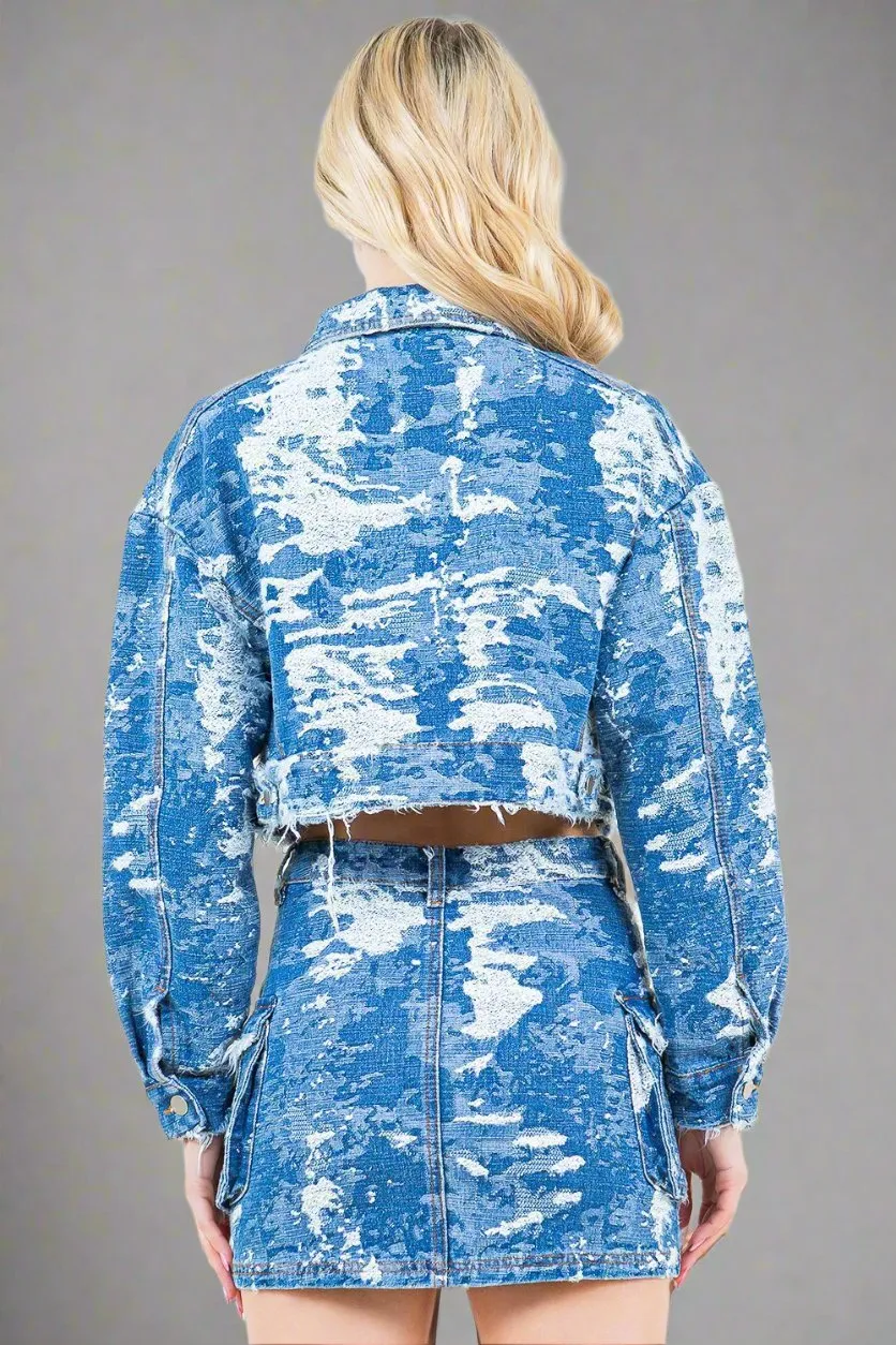 Blue Combo Camo Cropped Denim Jacket