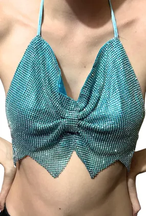 Blue Rhinestone Metal Mesh Bow Crop Top