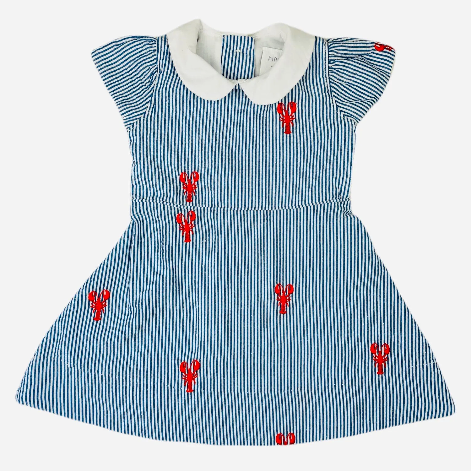 Blue Seersucker Girls Dress with Red Embroidered Lobsters and Peter Pan Collar