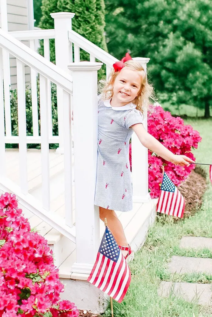 Blue Seersucker Girls Dress with Red Embroidered Lobsters and Peter Pan Collar