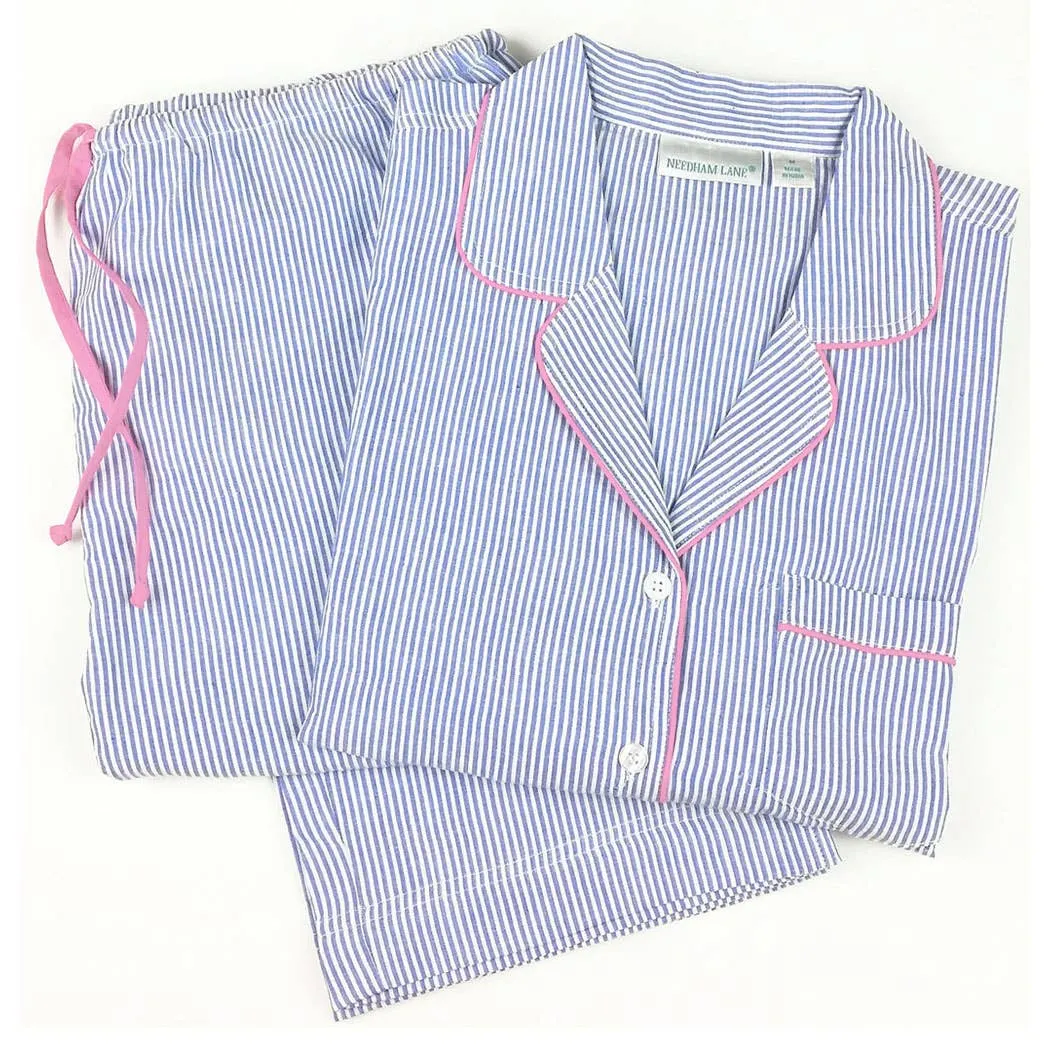 Blue Seersucker-Pink Long Sleeve Pajamas