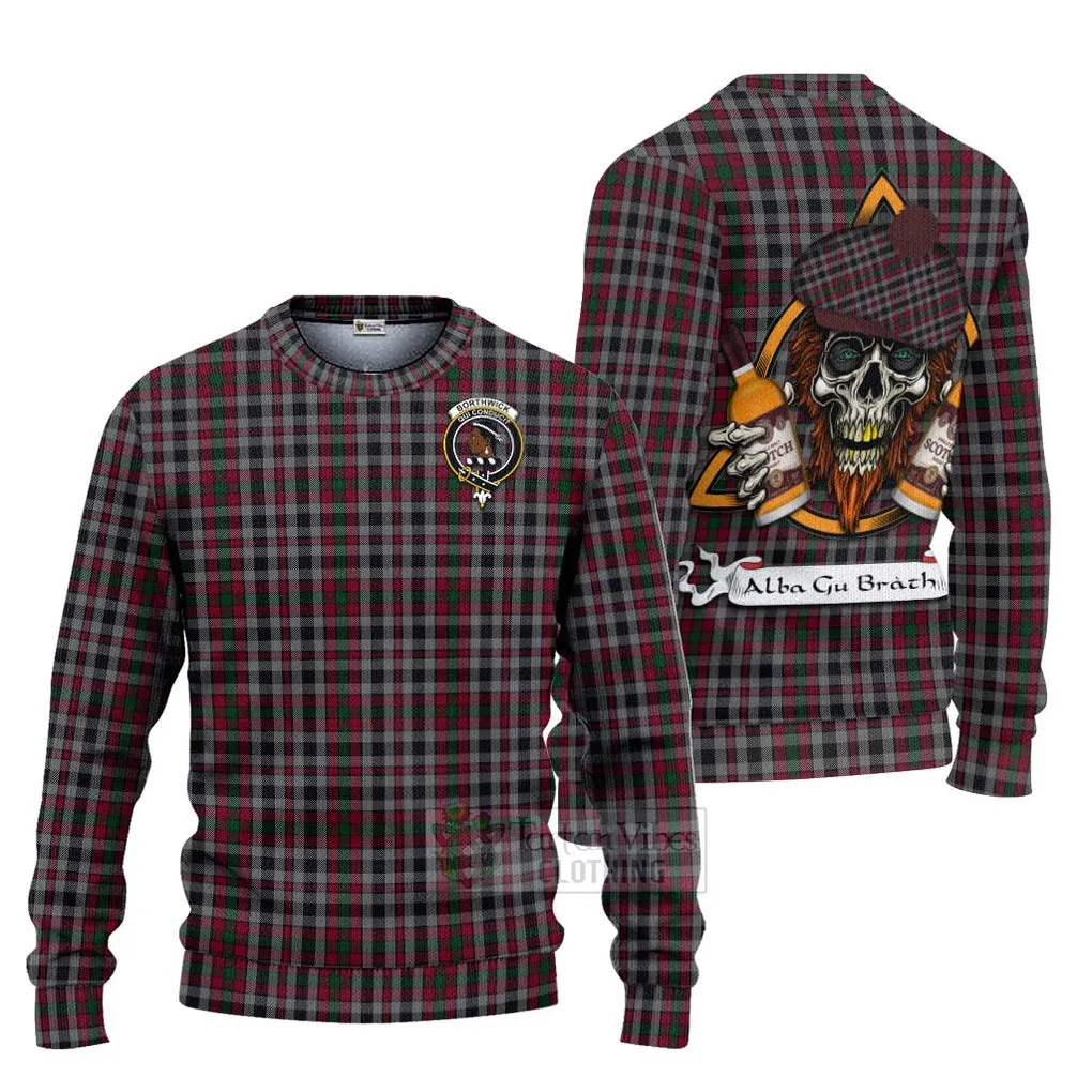 Borthwick Tartan Ugly Sweater with Family Crest and Bearded Skull Holding Bottles of Whiskey