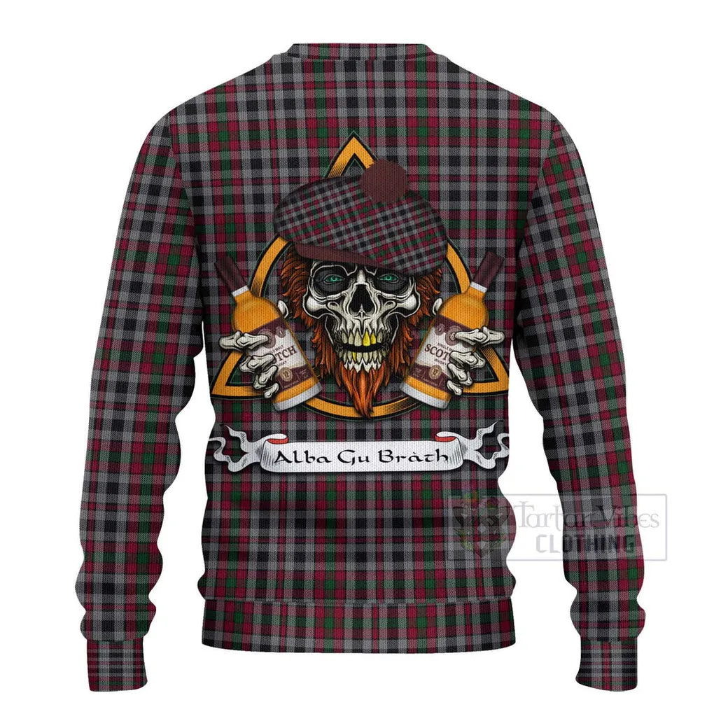 Borthwick Tartan Ugly Sweater with Family Crest and Bearded Skull Holding Bottles of Whiskey