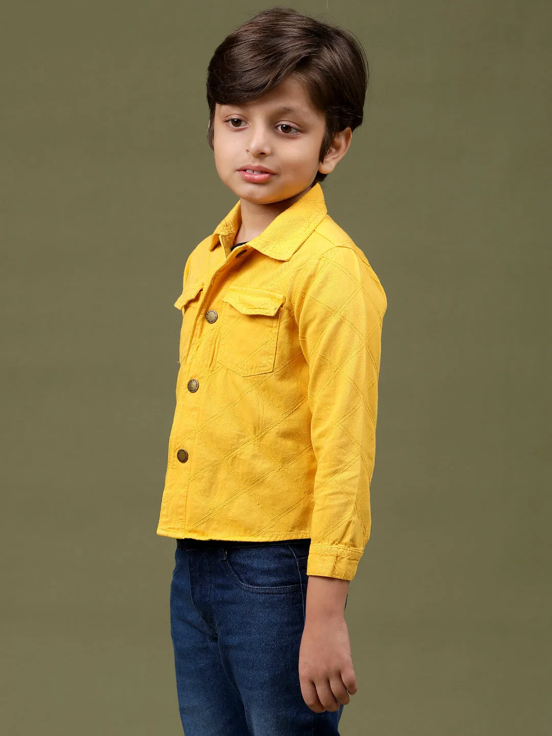 Boys & Girls Yellow Cotton Regular Fit Embroidered Shacket