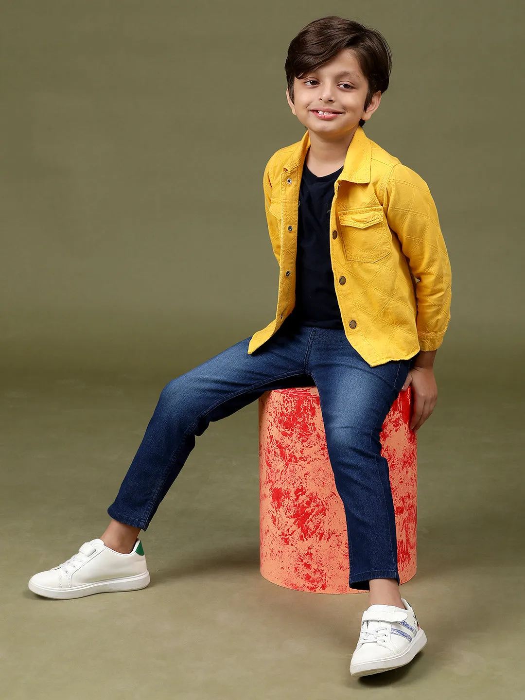 Boys & Girls Yellow Cotton Regular Fit Embroidered Shacket