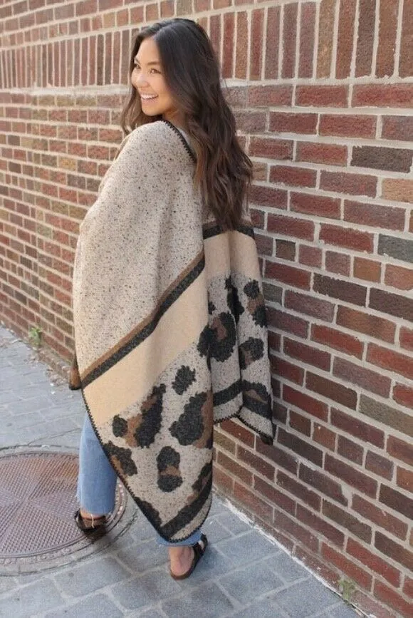 Brown Leopard Animal Printed Shawl Blanket Poncho Ruana Womens One size