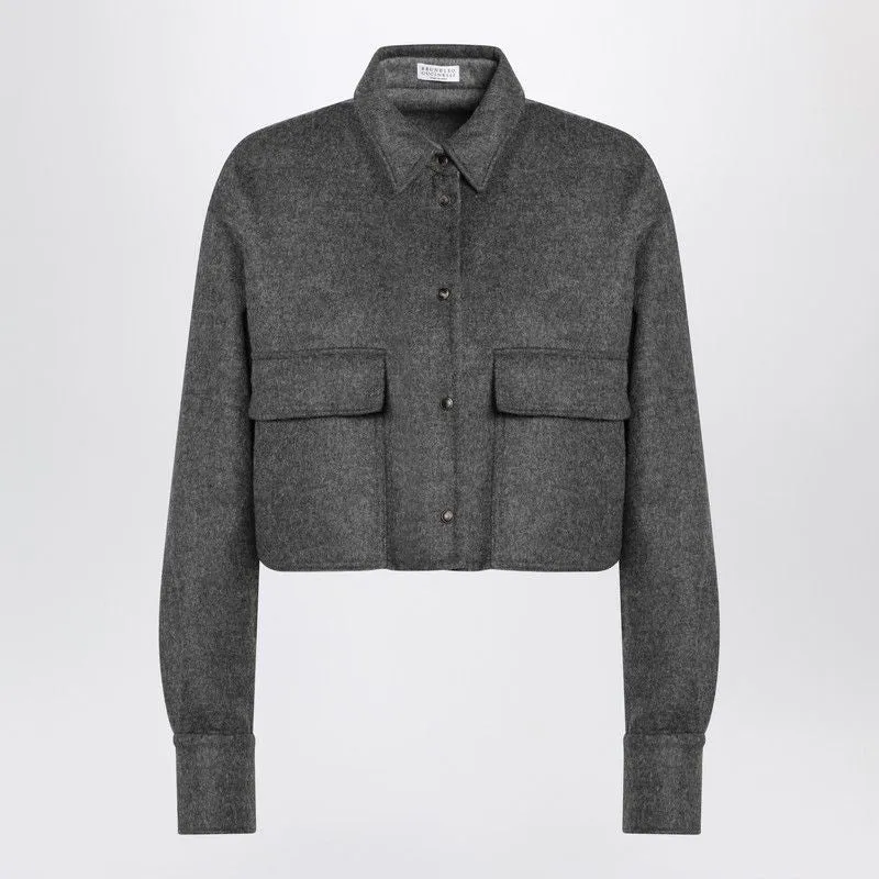 BRUNELLO CUCINELLI Cropped Grey Wool Shirt Jacket with Shiny Detail