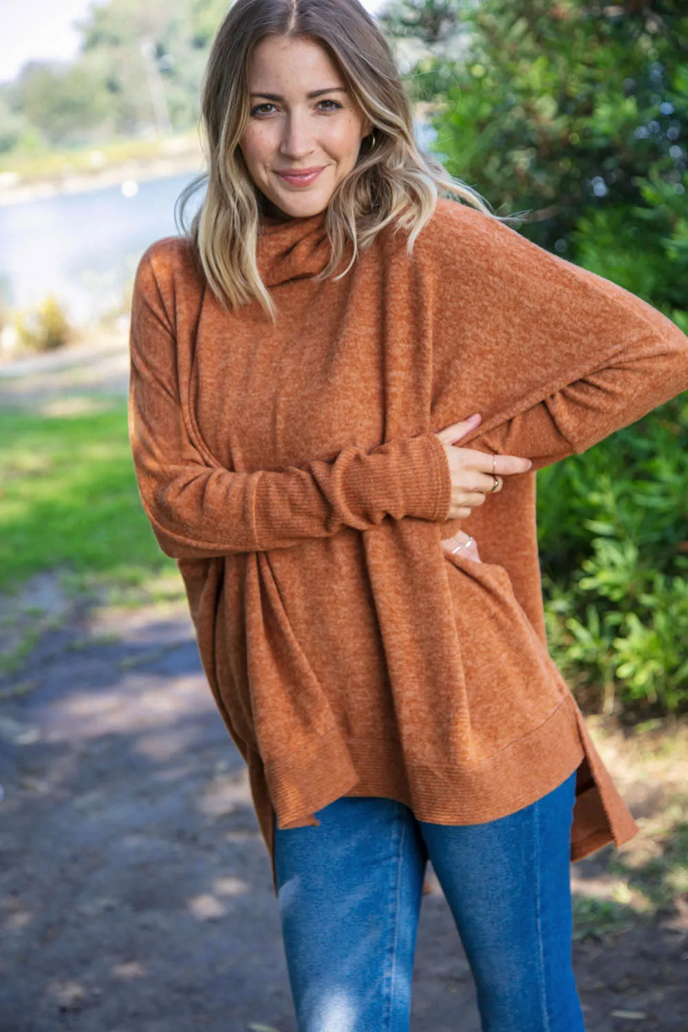 Camel Brushed Melange Cowl Neck Poncho Sweater