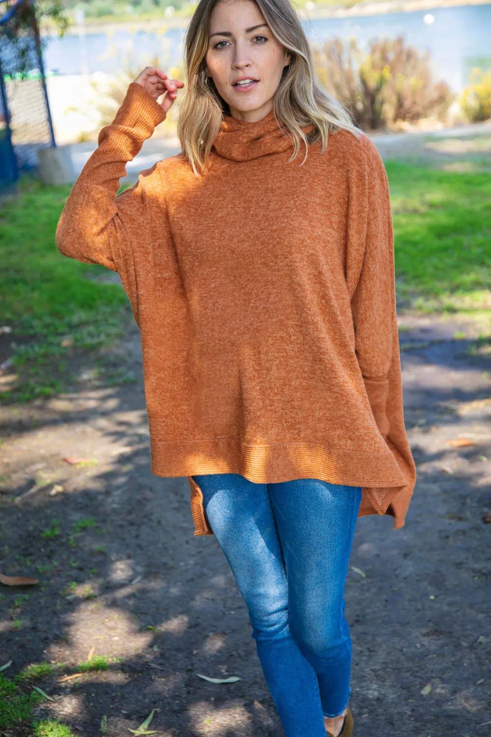 Camel Brushed Melange Cowl Neck Poncho Sweater