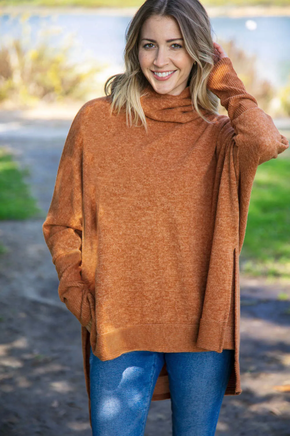 Camel Brushed Melange Cowl Neck Poncho Sweater