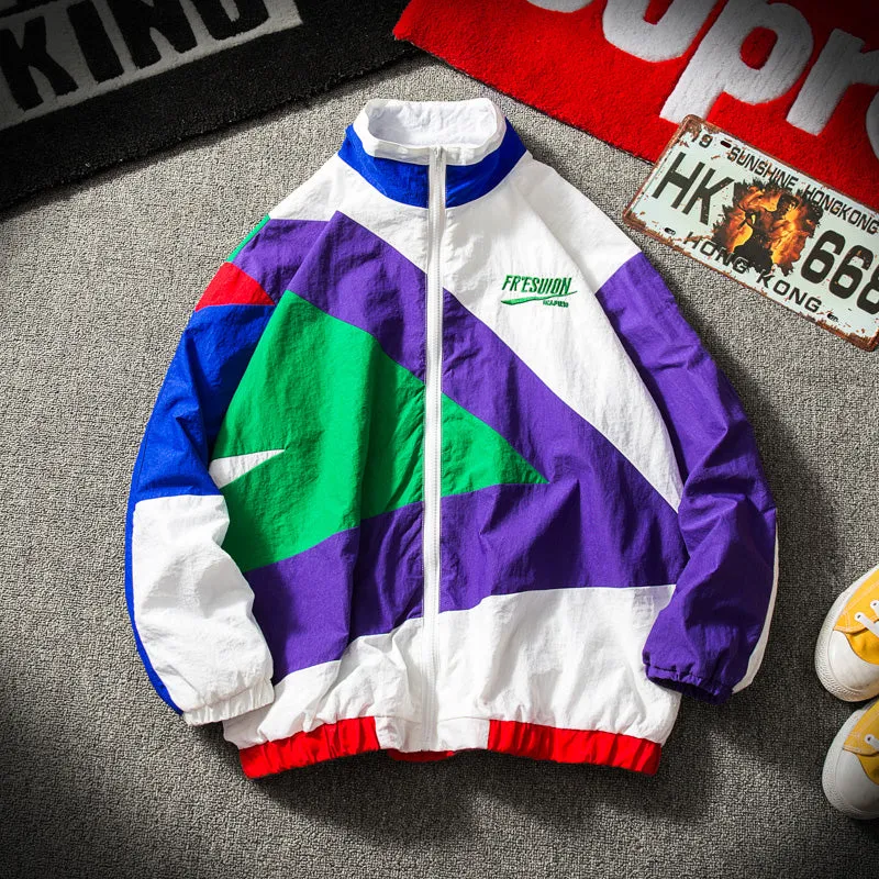 Casual Retro Color Stitching Zip Windbreaker Style Men Jacket