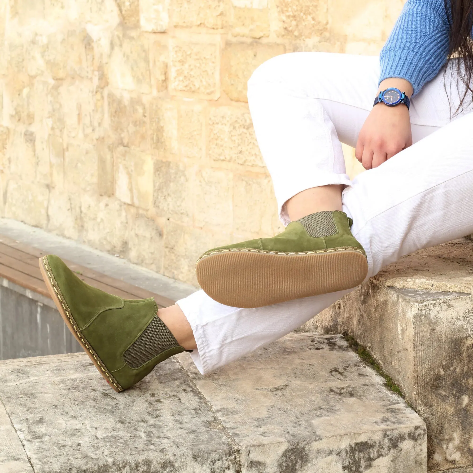 Chelsea Boots Handmade Green Barefoot Women's