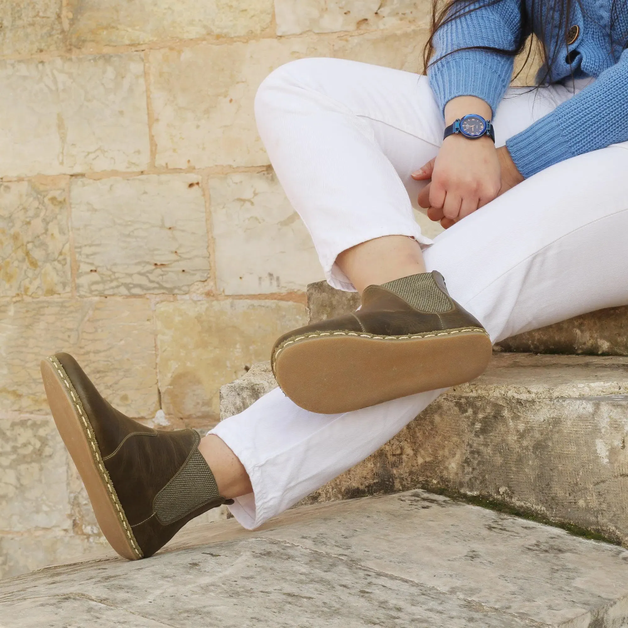 Chelsea Boots Handmade Military Green Barefoot Women's