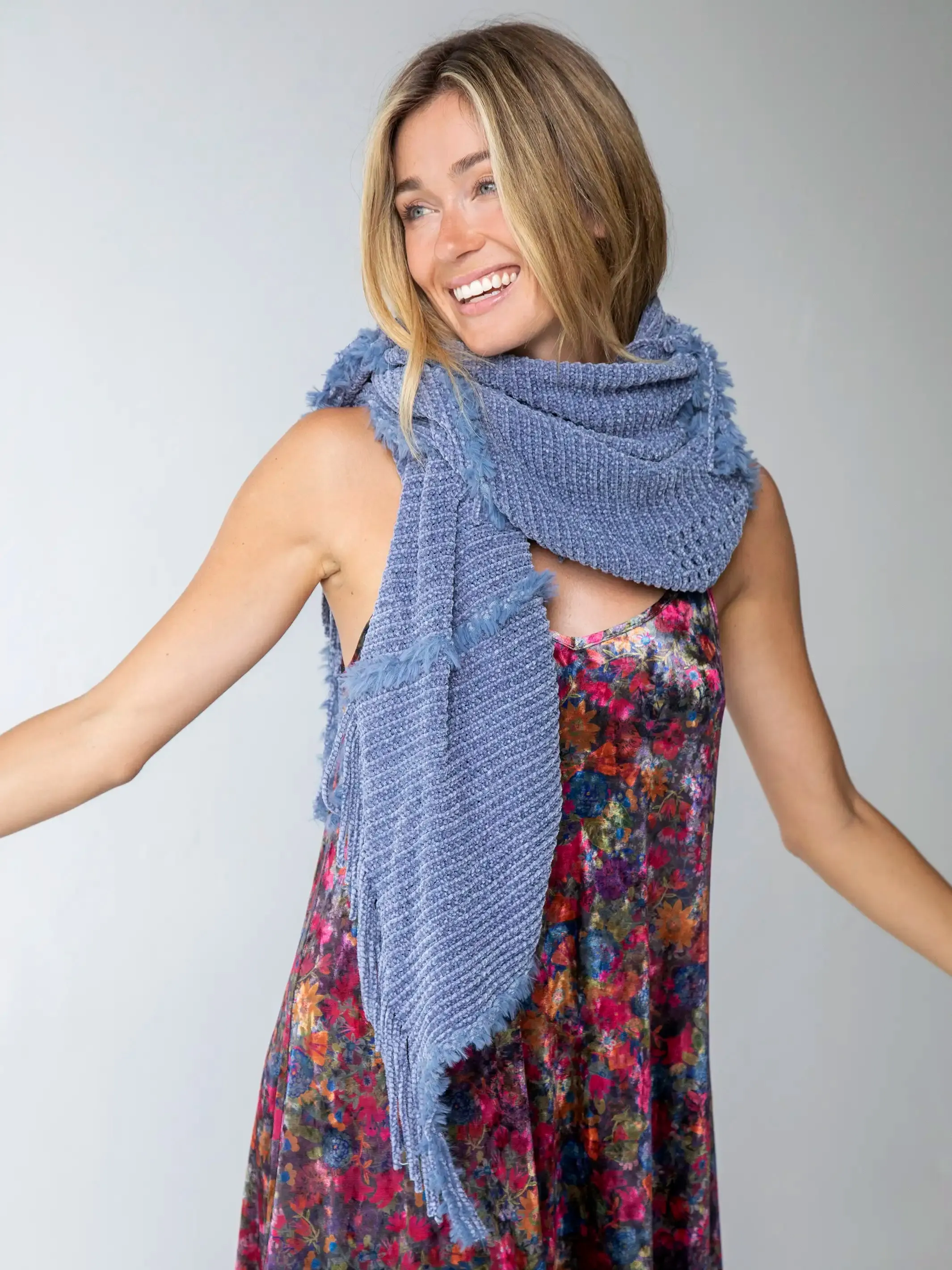 Chenille Poncho Scarf - Light Blue