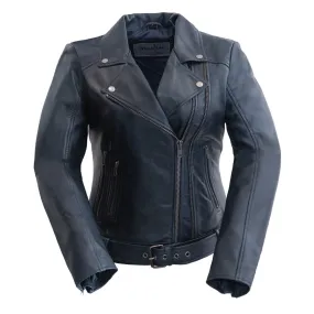 Chloe womens Fashion Leather Jacket Navy Blue