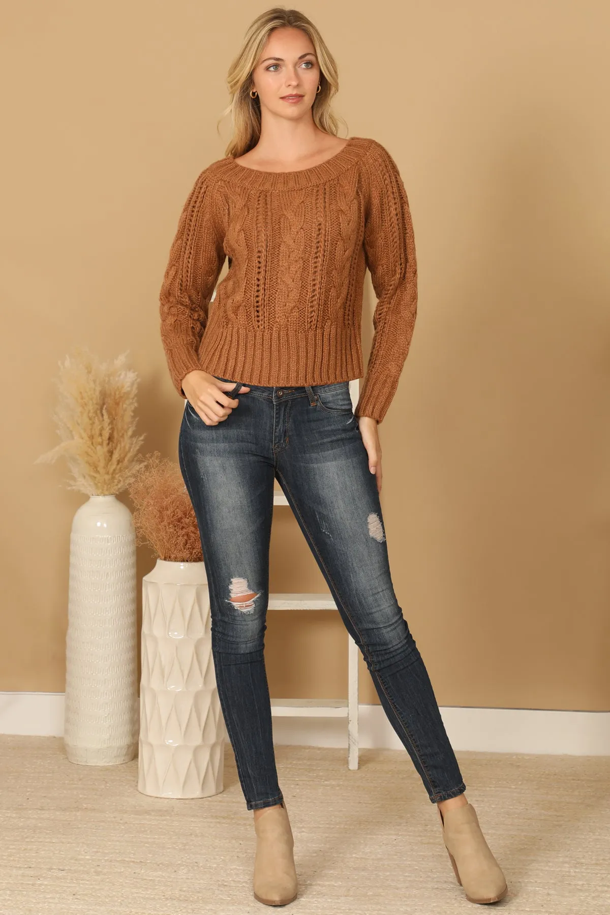 CHUNKY CABLE KNIT OFF SHOULDER CROP SWEATER 3-3