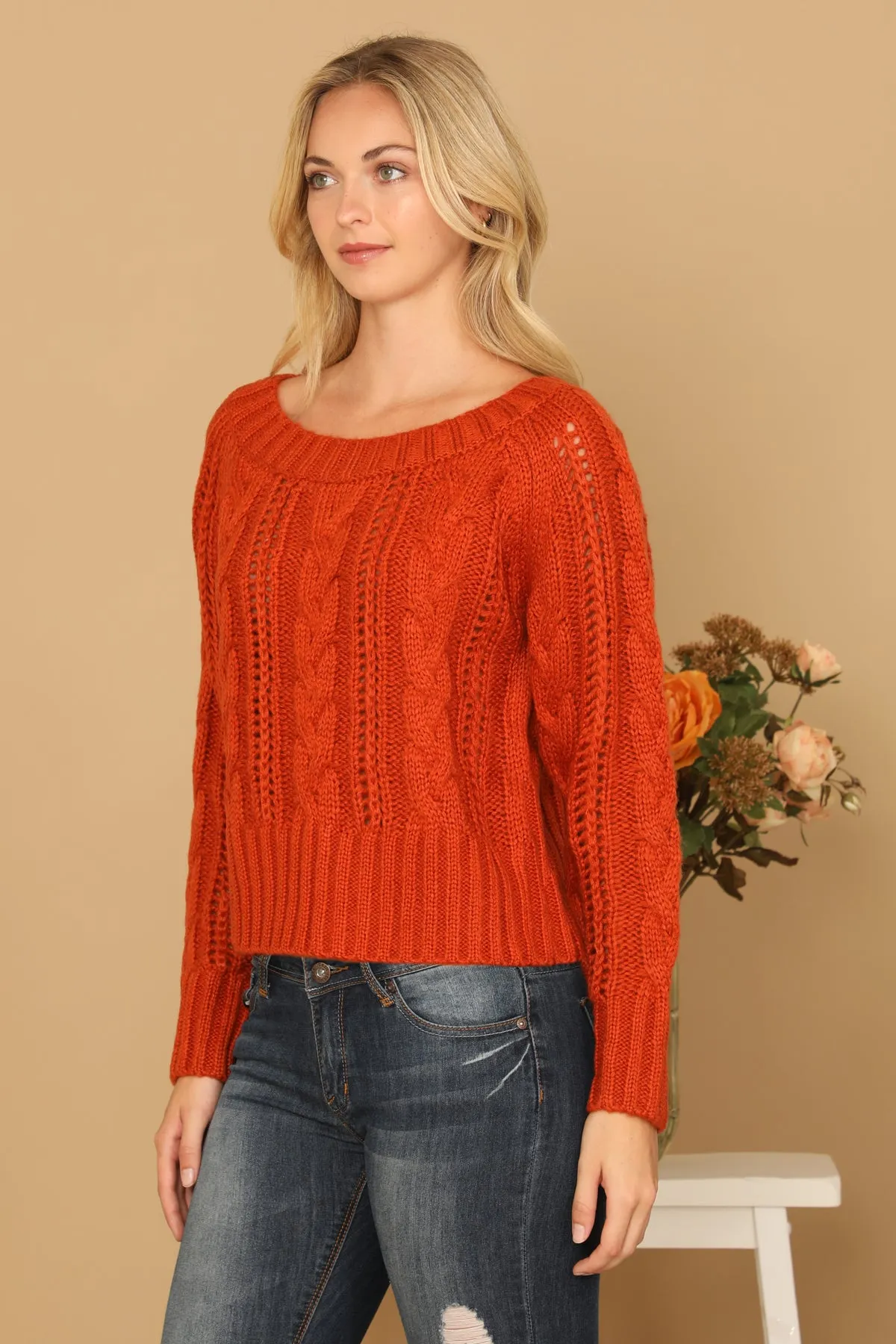 CHUNKY CABLE KNIT OFF SHOULDER CROP SWEATER 3-3