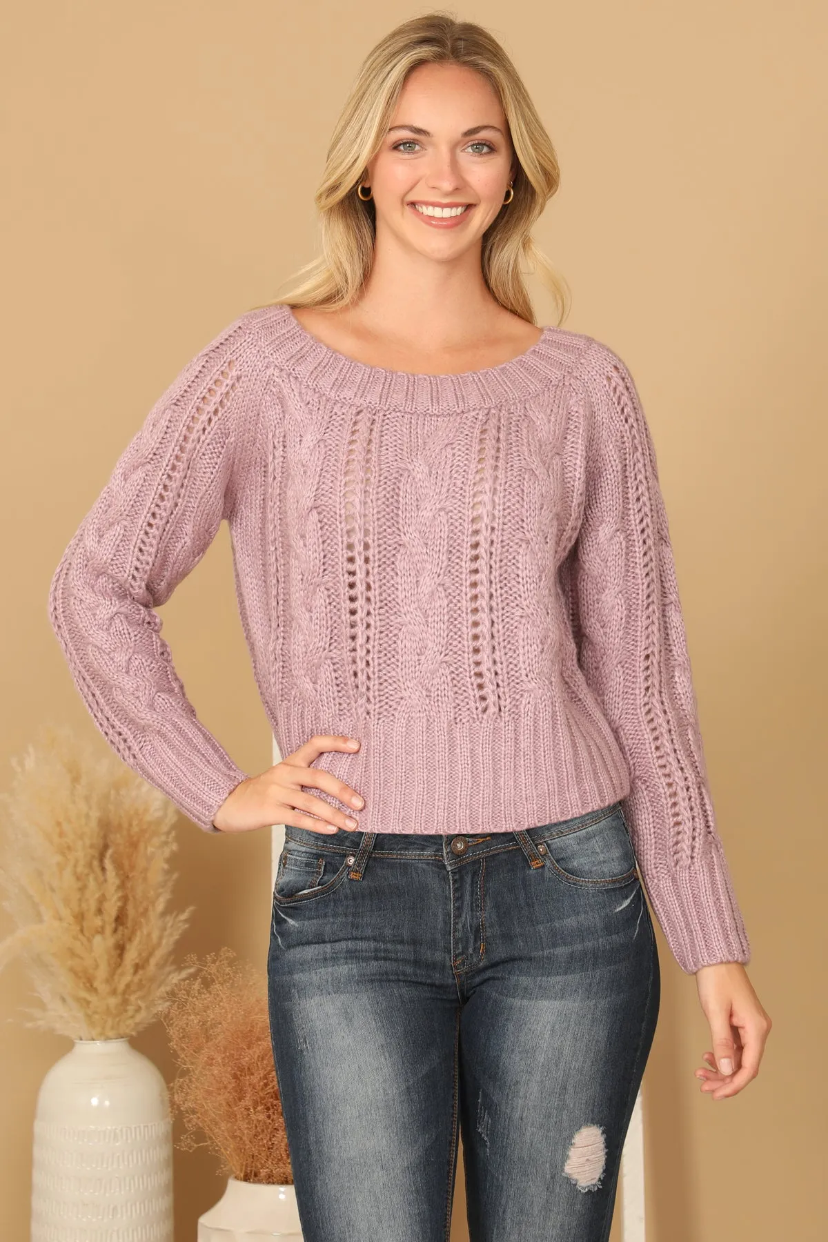 CHUNKY CABLE KNIT OFF SHOULDER CROP SWEATER 3-3